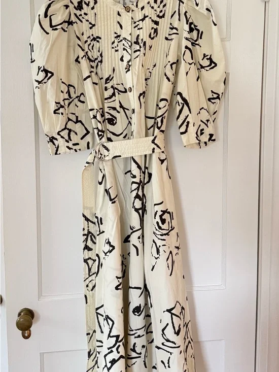 HUNTER BELL Cream and Black Abstract Print Midi Dress - Picture 1 of 1